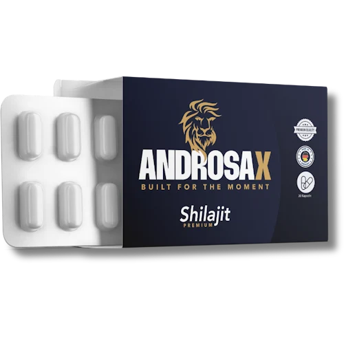 Pakke Androsax Shilajit med et blisterkort med hvide kapsler